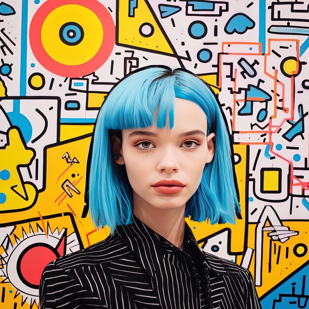 Photo un modèle avec des cheveux bleus et une chemise noire avec un cercle jaune sur le devant