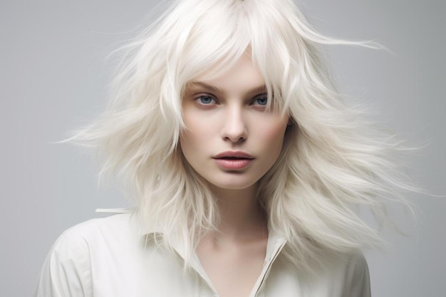 un modèle avec des cheveux blonds et une chemise blanche