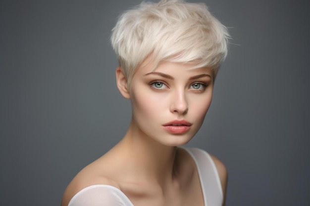 un modèle avec des cheveux blonds et un haut blanc avec des taches de rousseur sur le devant.