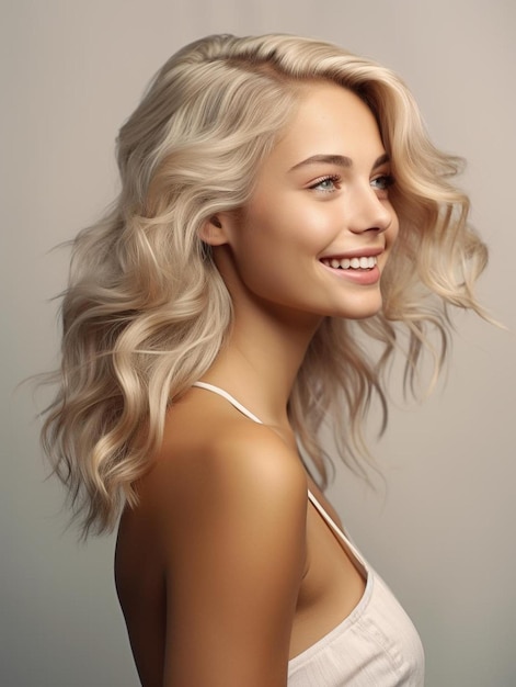 un modèle avec des cheveux blonds et un haut blanc