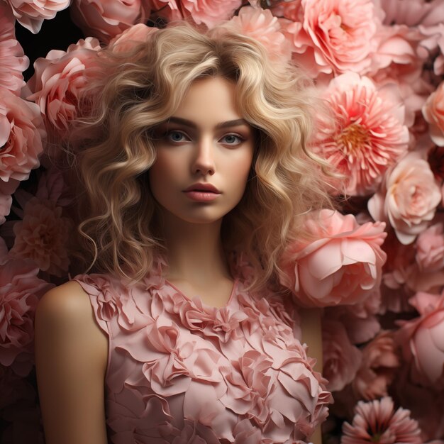 un modèle avec des cheveux blonds et une robe rose avec des fleurs en arrière-plan