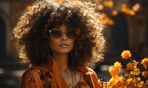 Photo un modèle avec des cheveux bouclés et des lunettes de soleil porte une robe avec un motif floral