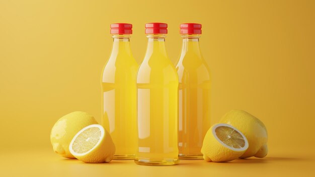 Modèle composé de trois bouteilles à bouchon rouge avec des étiquettes de marque, une autre avec une étiquette blanche et une autre sans étiquette