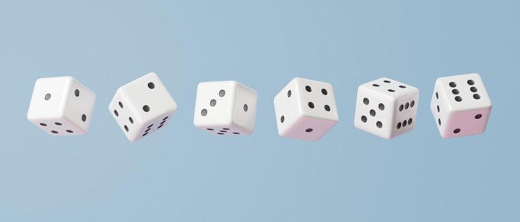 Modèle de composition concept de jeu de fortune jeu de dés blancs un deux trois quatre cinq six flottant sur fond pastel bleu ciel dessin animé minimal illustration de rendu 3d