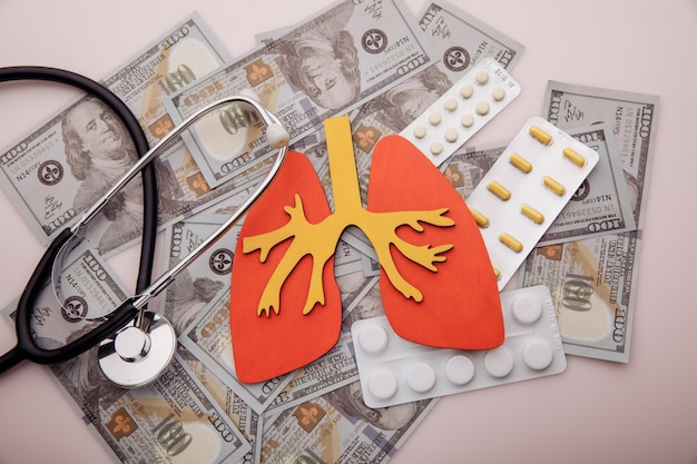 Modèle de concept de traitement des maladies pulmonaires de l'argent des organes et des pilules vue de dessus