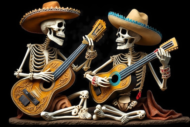 Modèle de conception d'affiche ou de flyer Cinco de Mayo deux squelettes jouent de la guitare vacances traditionnelles mexicaines