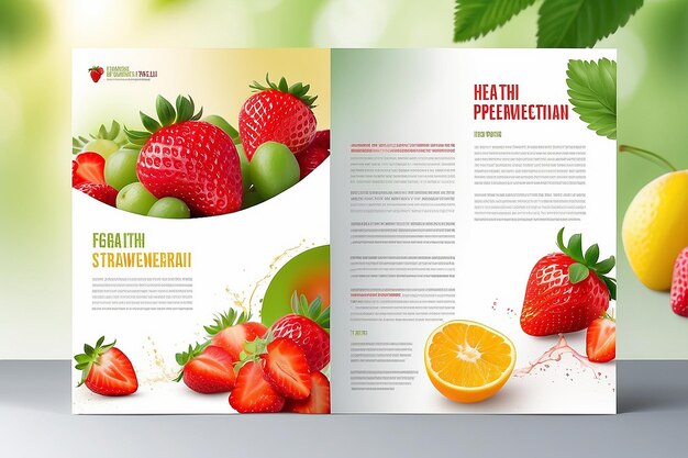 Modèle de conception de brochure vectorielle avec fond flou avec des fruits et des fraises