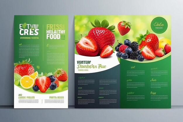 Photo modèle de conception de brochure vectorielle avec fond flou avec des fruits et des fraises