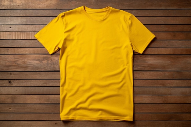 modèle de conception de maquette de t-shirts pour hommes jaunes vierges sur bois