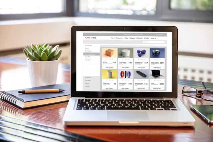 Photo modèle de conception de site web de boutique en ligne sur un fond de bureau de moniteur d'ordinateur