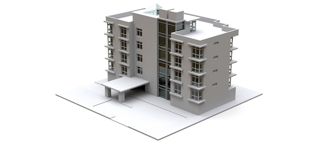 Modèle de condominium de couleur blanche avec verres transparents. Immeuble. rendu 3D.