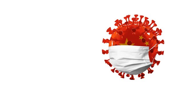 Modèle de coronavirus COVID-19 coloré dans le drapeau national chinois en masque facial, concept de propagation pandémique, médecine et soins de santé. Épidémie mondiale, quarantaine et isolement, protection. Espace de copie.