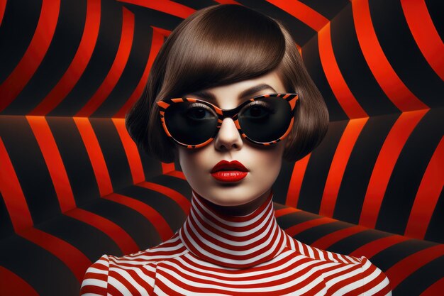 Un modèle avec une coupe de cheveux droite portant des lunettes sur un fond rayé rouge et noir