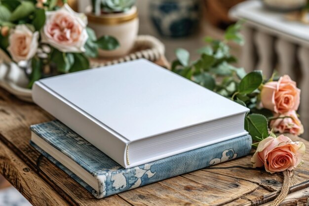 Photo modèle de couverture de livre blanche sur table avec des fleurs