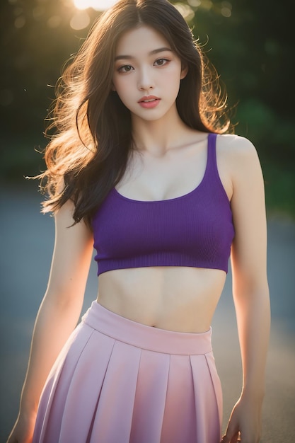 un modèle dans un crop top violet et une jupe violette