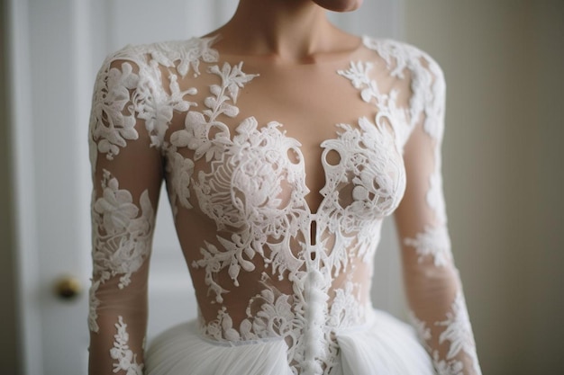 un modèle dans une robe blanche avec des fleurs sur le dos