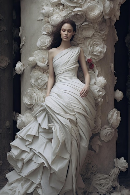 Un modèle dans une robe blanche avec des roses blanches
