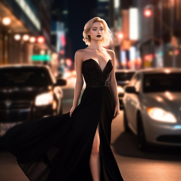 un modèle dans une robe noire avec une longue robe noire sur le côté gauche de l'image.