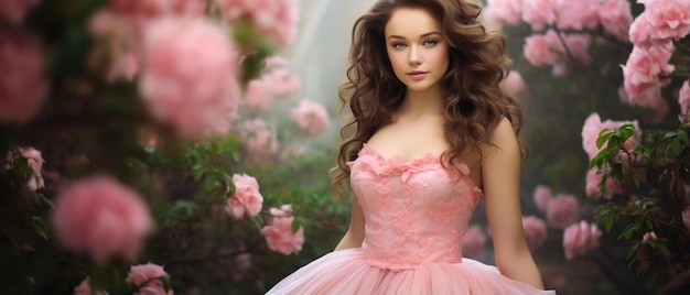 Photo un modèle dans une robe rose avec des fleurs roses