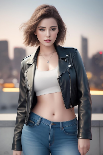 Un modèle dans une veste en cuir et un jean se tient sur un toit