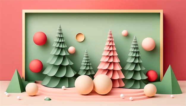 Modèle de décoration de Noël en papier avec des arbres aux couleurs pastel au format 3D avec un espace pour le texte Carte de Noël générée par l'IA