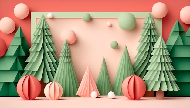 Modèle de décoration de Noël en papier avec des arbres aux couleurs pastel au format 3D avec un espace pour le texte Carte de Noël générée par l'IA