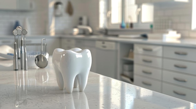 Modèle de dent 3D à côté de divers outils dentaires sur une surface de clinique stérilisée