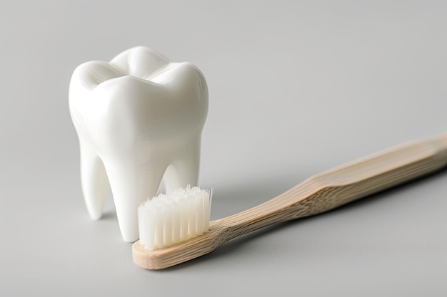 Un modèle de dent et une brosse à dents sont placés sur un fond solide avec beaucoup d'espace pour copier