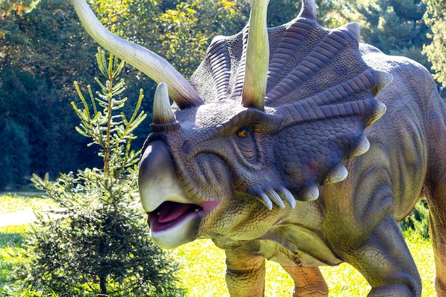 Modèle de dinosaure dans le parc. Triceratops géant en exposition dans le parc par une journée ensoleillée d'été