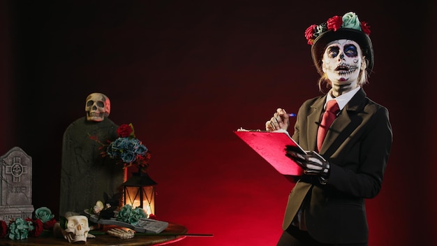 Le modèle Dios de los muertos prend des notes sur des papiers, ressemblant à santa muerte avec le maquillage du jour des morts lors de la fête mexicaine. Costume traditionnel de dame de la mort avec costume et chapeau.