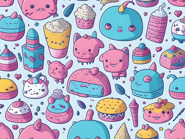 Modèle de Doodle mignon et coloré d'objets Kawaii Ai Generative