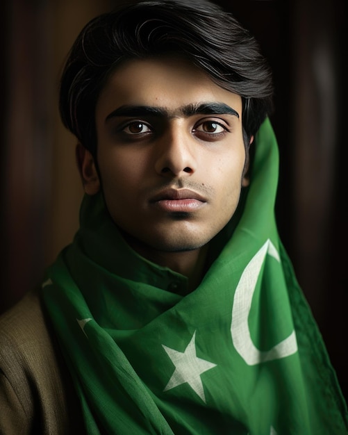 modèle avec le drapeau du Pakistan sur l'épaule sur un fond solide aléatoire