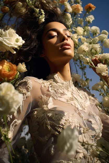 Modèle du Moyen-Orient avec des fleurs dans les cheveux et sur sa robe