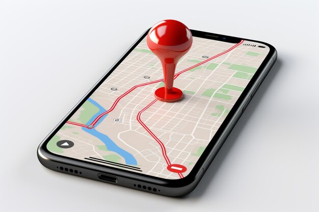 Modèle d'écran de smartphone avec broche GPS rouge rendue en 3D