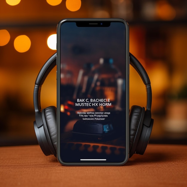 Photo modèle d'écran de téléphone d'écouteurs modelle d'affichage de smartphone et podcast audio de musique
