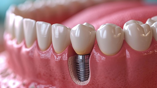Photo modèle éducatif avec poste d'implant dentaire entre les dents et les couronnes sur la table à l'intérieur
