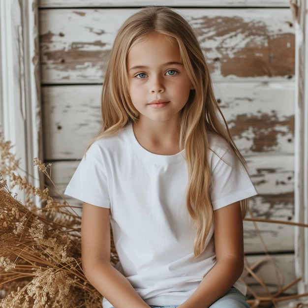 modèle d'enfant posant dans un fond de maquette de T-shirt blanc