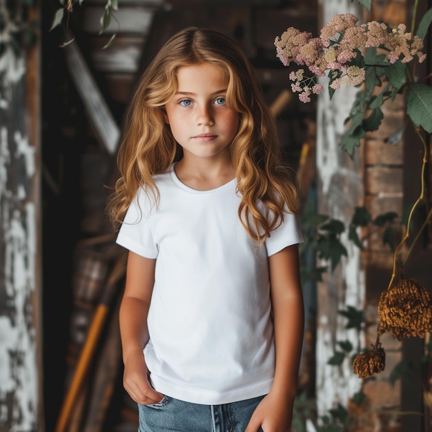 modèle d'enfant posant dans un fond de maquette de T-shirt blanc