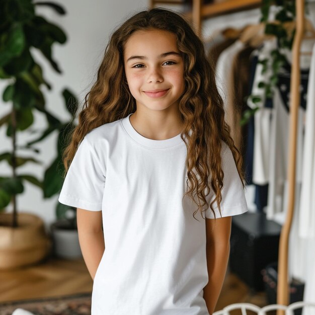 modèle d'enfant posant dans un fond de maquette de T-shirt blanc