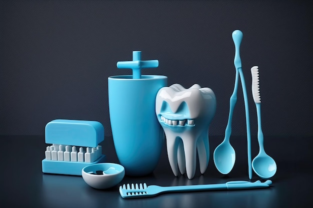 Modèle d'un ensemble de dents et d'un instrument dentaire sur fond bleu