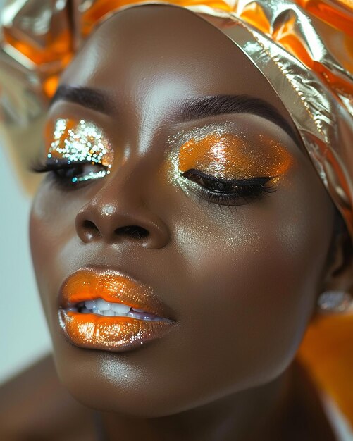 un modèle avec des étincelles d'or et un maquillage doré et orange