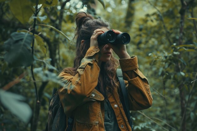 Photo un modèle explorant dans une forêt avec des jumelles et un appareil photo dans une aventure dans la faune