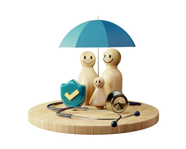 Photo modèle familial stéthoscope avec icône de protection de bouclier concept d'assurance familiale soins de santé pour enfants rendu 3d