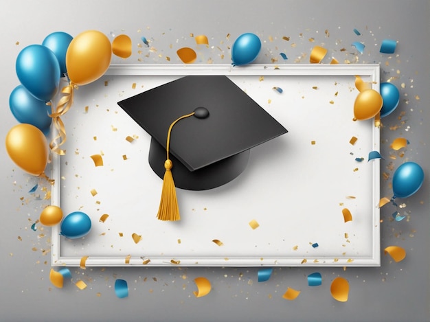 Photo modèle de félicitations pour l'obtention du diplôme avec un chapeau et des ballons