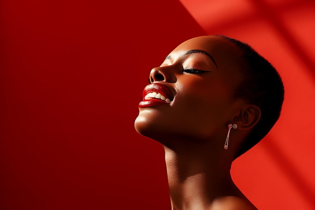 Modèle féminin afro de mode avec coiffure courte et lèvres brillantes sur fond rouge avec ombre sombre