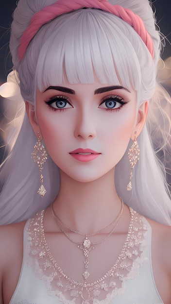 Un modèle féminin aux cheveux blancs et un collier de perles d'argent.