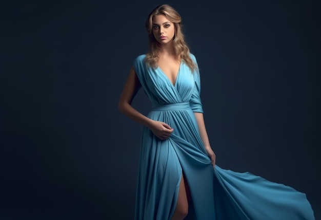 Modèle féminin blonde en robe bleue