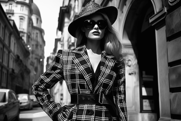 Photo modèle féminin à la mode dans des vêtements rétro élégants sur la rue de la ville mode vintage des années 1980 illustration de l'ia générative