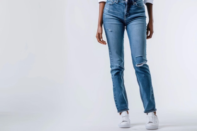 Photo modèle féminin portant des jeans minces fond de studio blanc