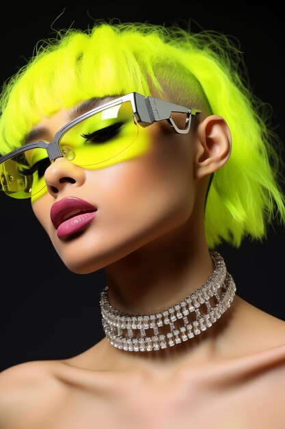 Photo un modèle féminin portant une mode futuriste et des lunettes de soleil jaune néon